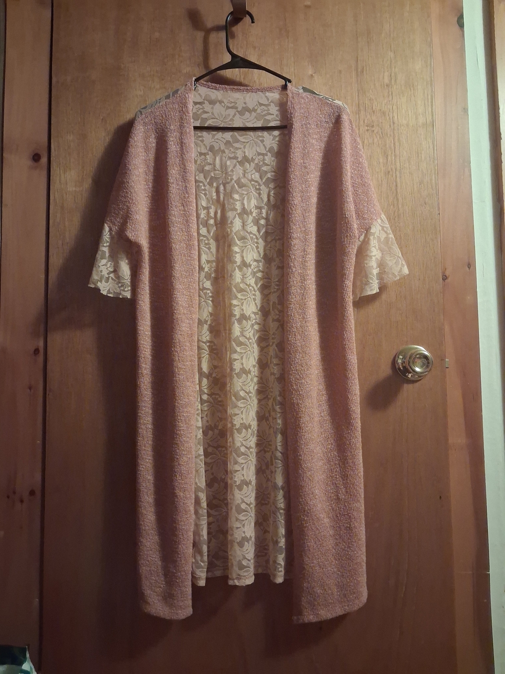 Vocal Pink Open-Front Cardigan with Cream Lace Panel